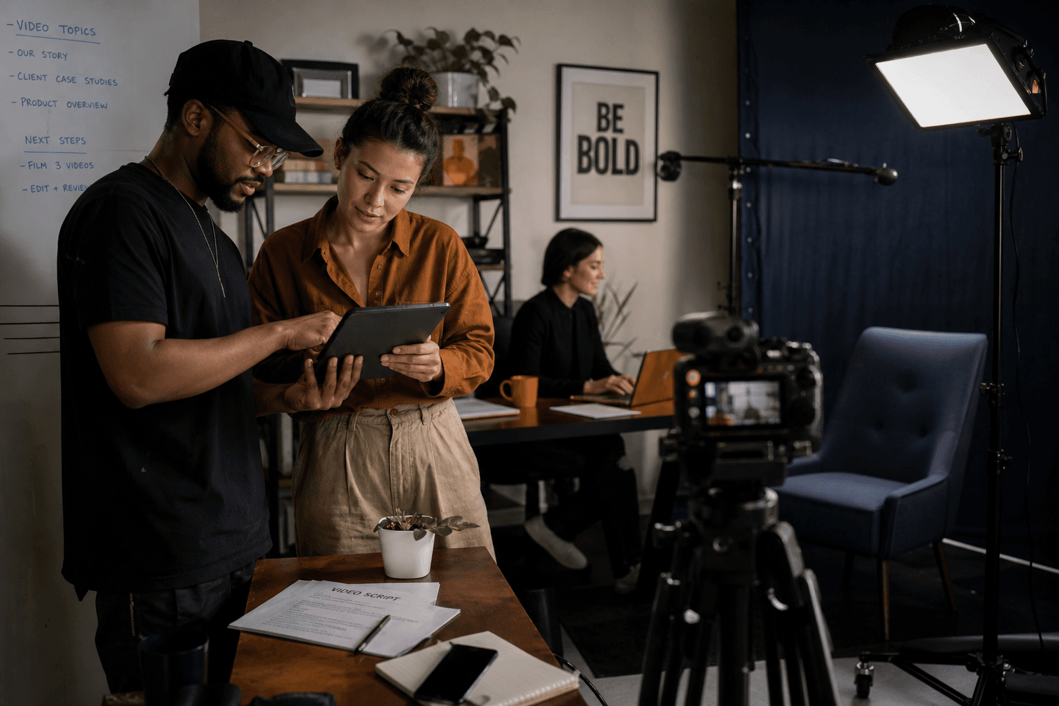 A small content team reviewing a video script on a tablet in a filming studio