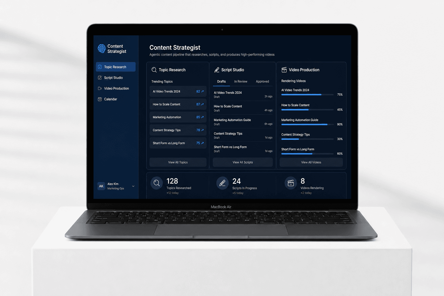 Content Strategist dashboard with topic research, a script studio with drafts and approvals, and video rendering progress