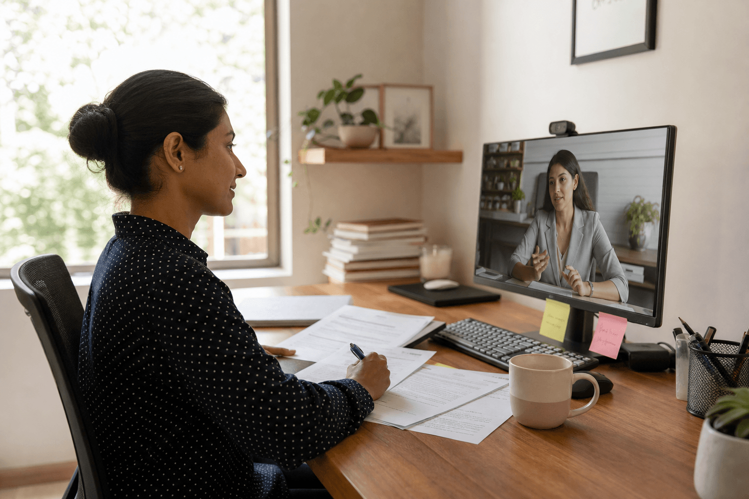 A credit consultant on a video call with a client, with onboarding paperwork on the desk