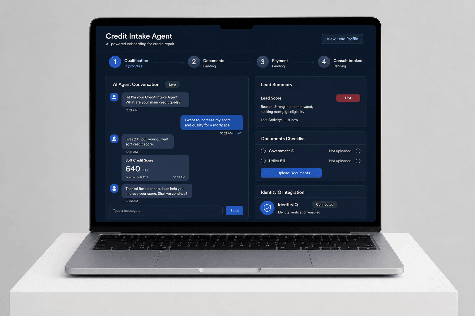 Credit intake agent dashboard showing the AI conversation, lead score, documents checklist and IdentityIQ connection
