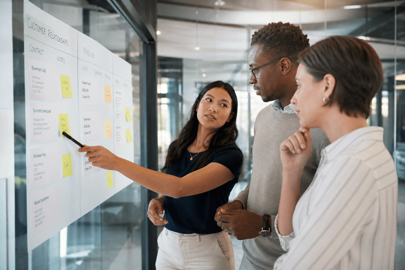 Three colleagues reviewing a customer pipeline mapped out on a glass wall