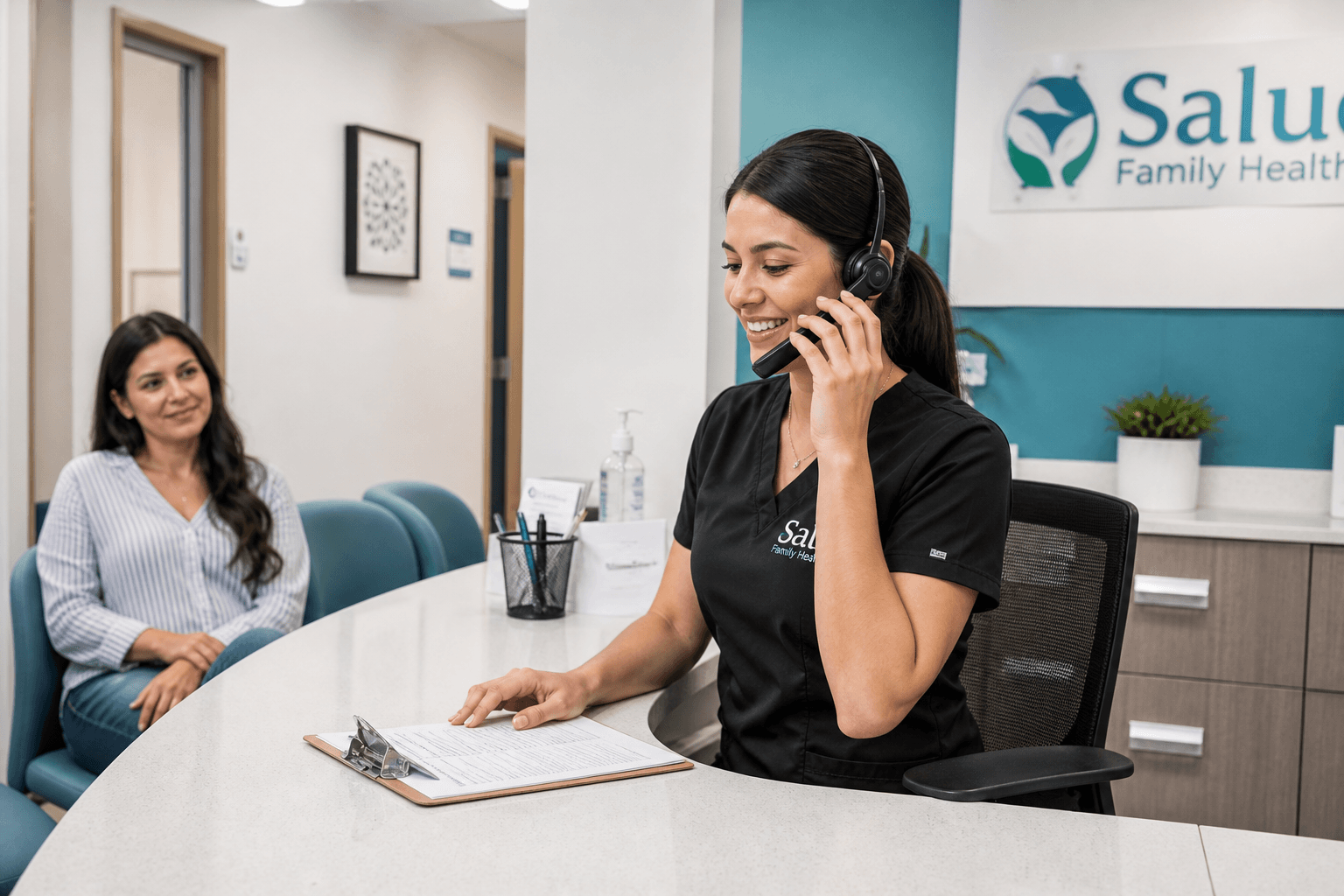 A clinic receptionist on a headset at the front desk while a patient waits