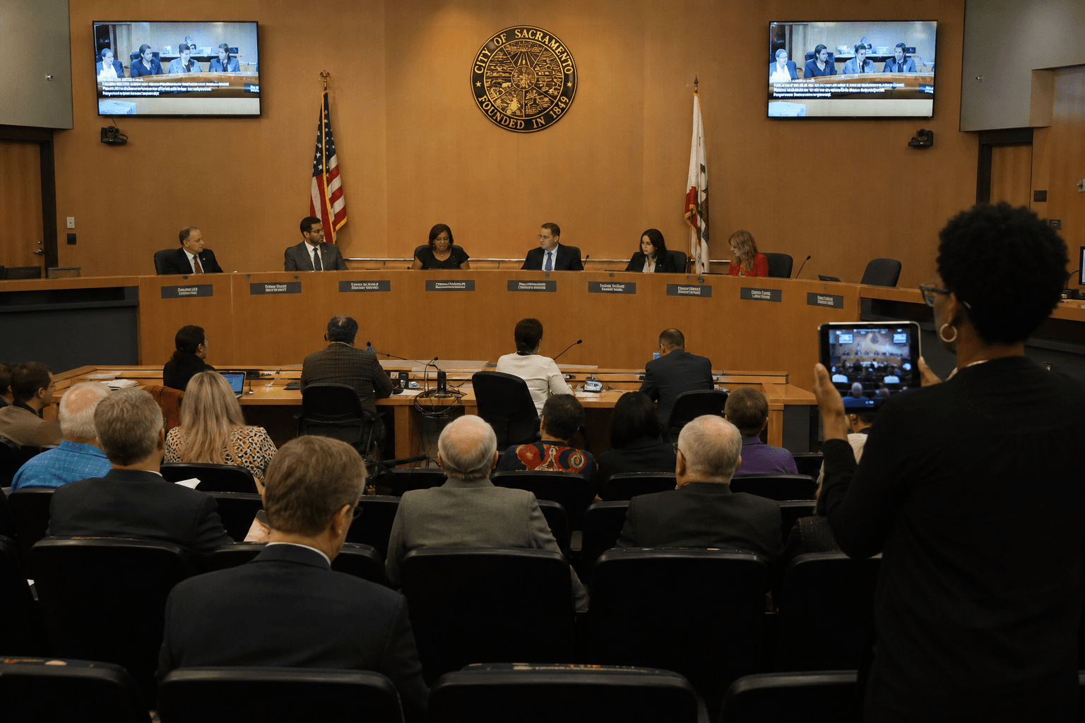 A city council meeting in session, with members of the public watching and recording