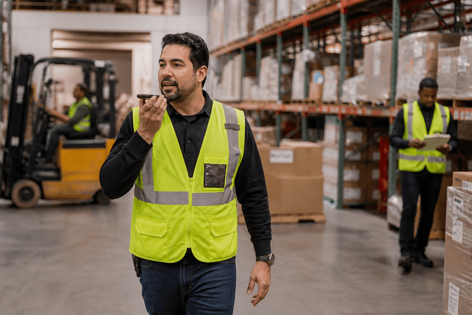 A warehouse supervisor in a high-visibility vest recording a voice report on his phone