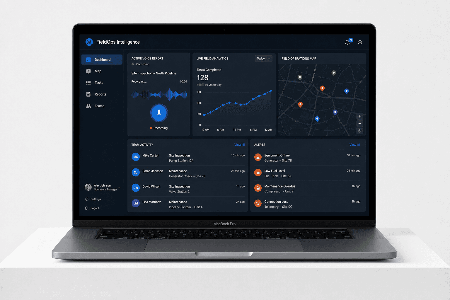 Field operations dashboard with an active voice report, live task analytics, a site map, team activity and alerts